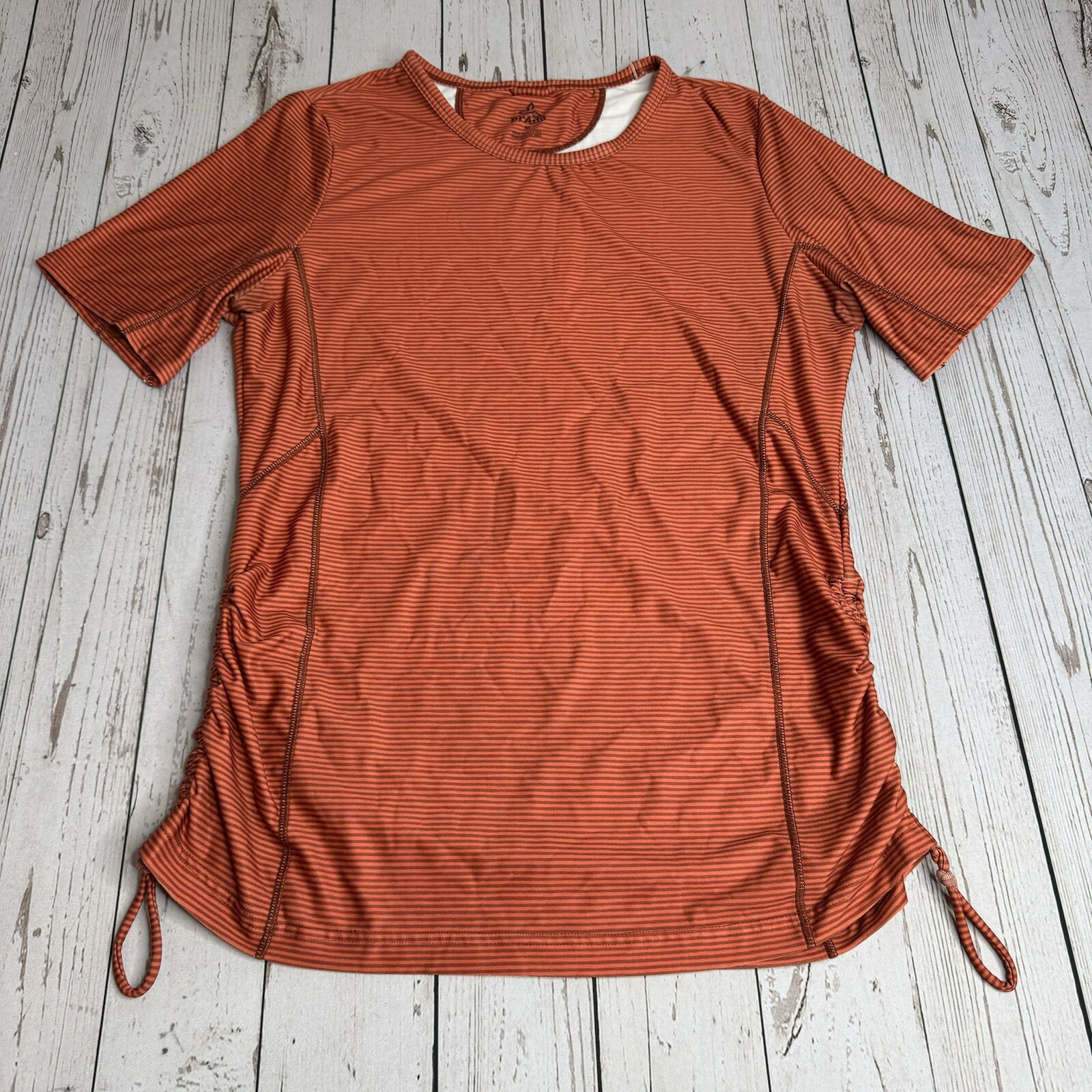 PrAna Short Sleeve Workout Shirt Womens Medium Orange Striped Athletic Wear