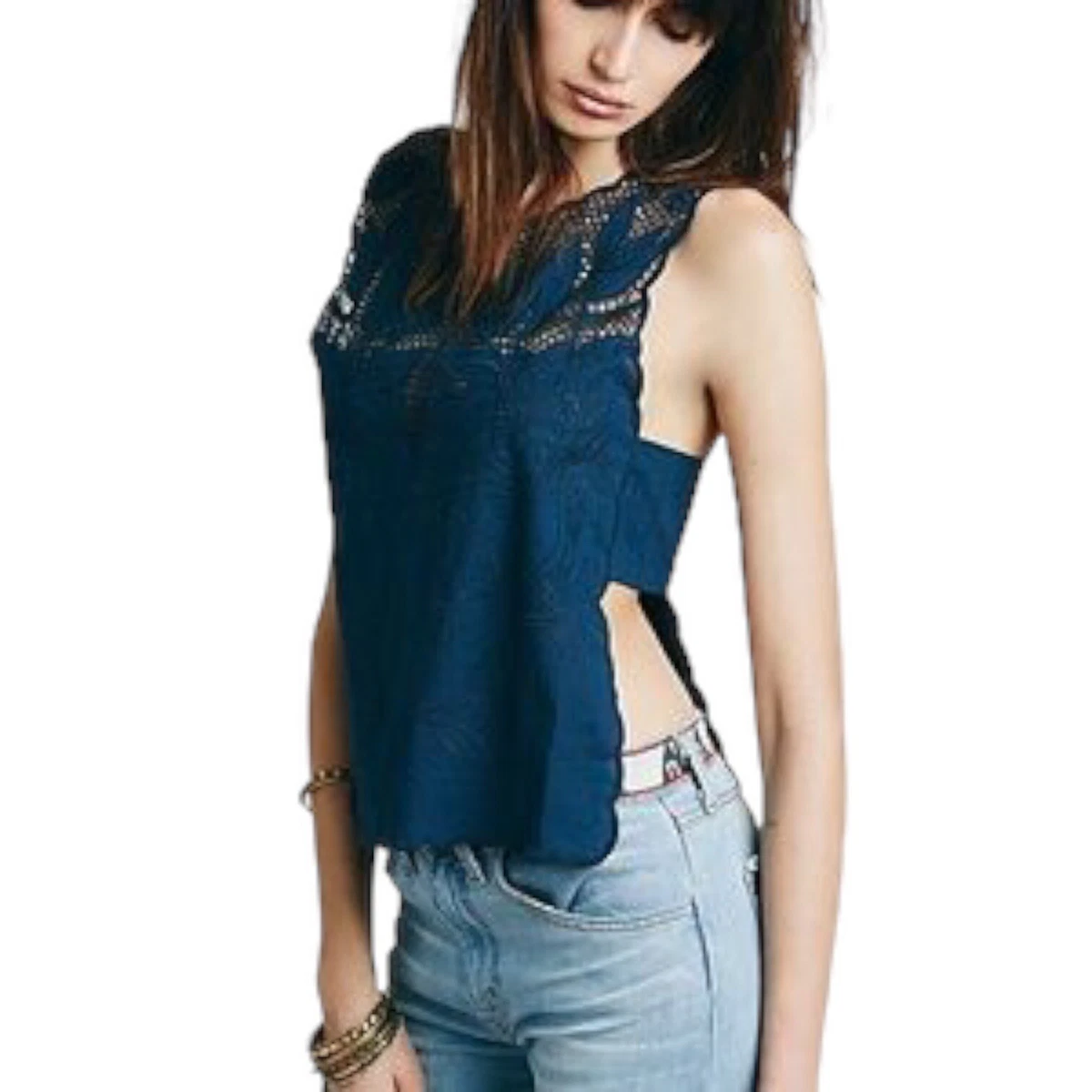 Free People Sheer Top Womens M Blue Crochet Embroidered Open Sides Cut Out  Shirt | eBay