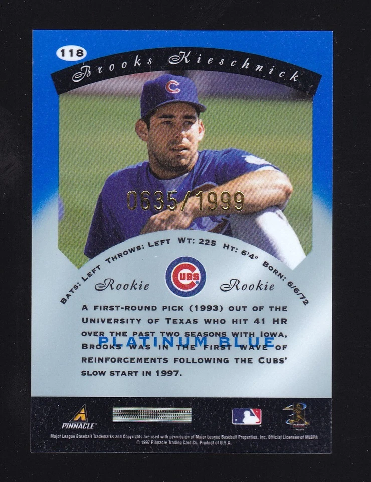 1997 Pinnacle Totally Certified Blue Brooks Kieschnick Rookie 635/1999 #118 Cubs - Image 2 of 2