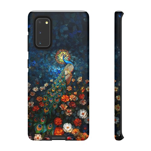 For iPhone, Galaxy, Pixel Phone Case Cover - Blue Stained Glass Peacock Flower - Picture 229 of 242