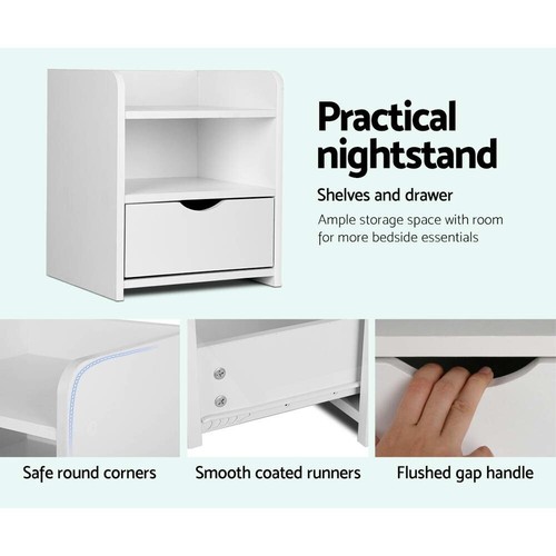 Artiss Bedside Table 1 Drawer with Shelf - FARA White, Flushed gap handle - Picture 5 of 8