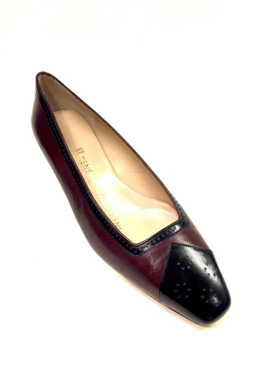 New RENE MANCINI Burgundy Leather Black Cap-Toe Low-Heel Pumps
