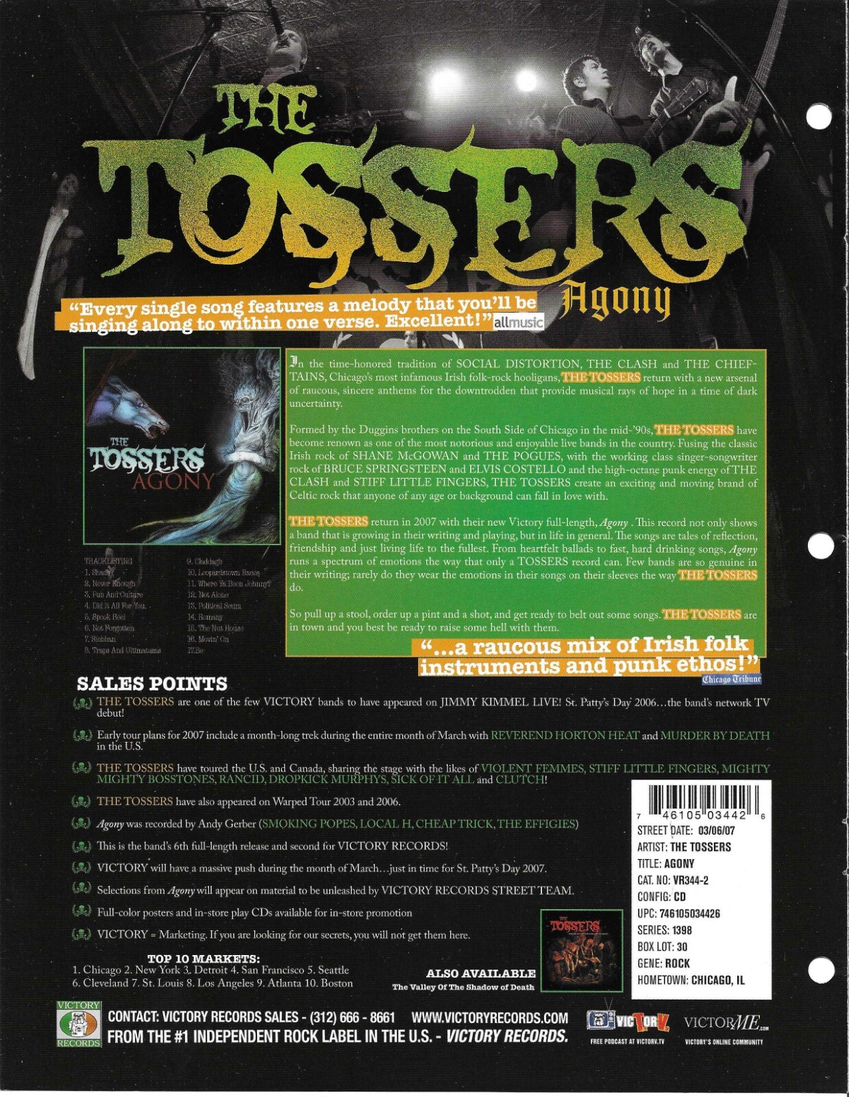 THE TOSSERS Rare VINTAGE 2007 PROMO TRADE AD Poster For Agony 8.5x11 MINT