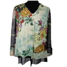 Citron Santa Monica Silk Multi Foral Button Front Long Sleeve Blouse Size Large