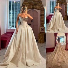 Satin Wedding Dress Basque Waist A Line Long Bridal Gowns Bone Tight Bridal