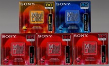  5 Sony MD MiniDiscs Color Collection Red Yellow Blue 80mins wShock Abs Mech New