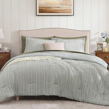 Queen Comforter Set-7 Pieces Green Plaid Floral Bedding Set Revesible Farmhous