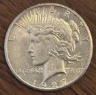 1927 Peace Dollar US $1 Coin 90% Silver Uncirculated Low Mintage AU/BU