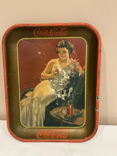 Vintage 1936 Coca Cola Tray Hostess Girl ORIGINAL Lots Of Patina Brass Tone Coke