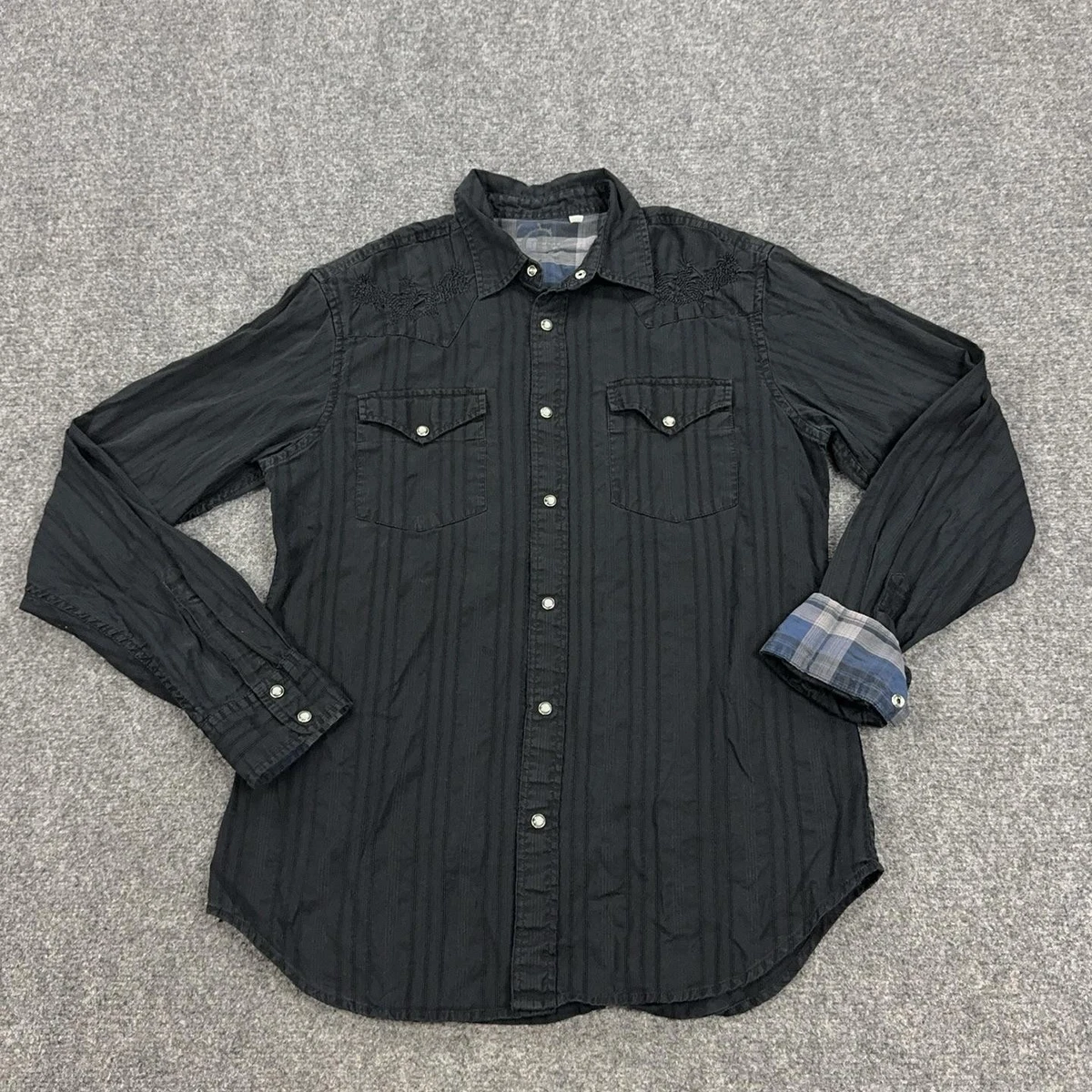 Camisa GUESS Para Hombre M Negra Algodón Rayas Manga Larga Con Botones Cuentas