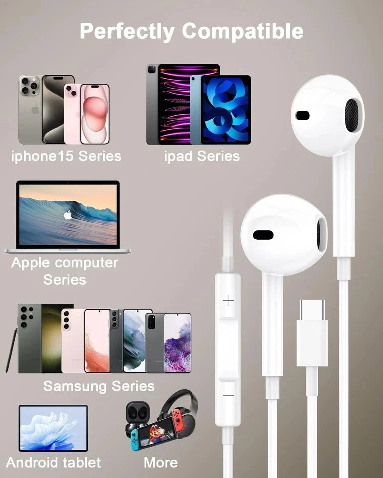 For Apple iPhone 15 16 and 17 Pro Max Plus USB Type-C Wired Headphones Earpod UK - Image 4 of 4