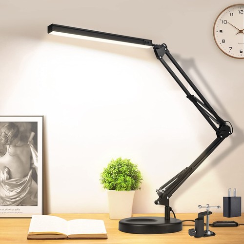 LED Desk Lamp for Home Office and Round Base, Clamp-On with 5 Light Modes & A...