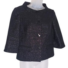 Trina Turk Black Silver Metallic Tweed Cropped Jacket 3/4 Sleeve Button Blazer