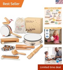 Wooden Toddler Musical Instruments with Drum, Hand Bells, Flute, Maracas, Cas...