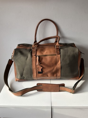 Brown and Green Leather Canvas Duffle Bag TravelHoldall