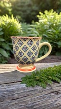 Royal Studio Pedestal Mug 4.25” Hand Painted Blue Red Floral Tile Coffee Cup