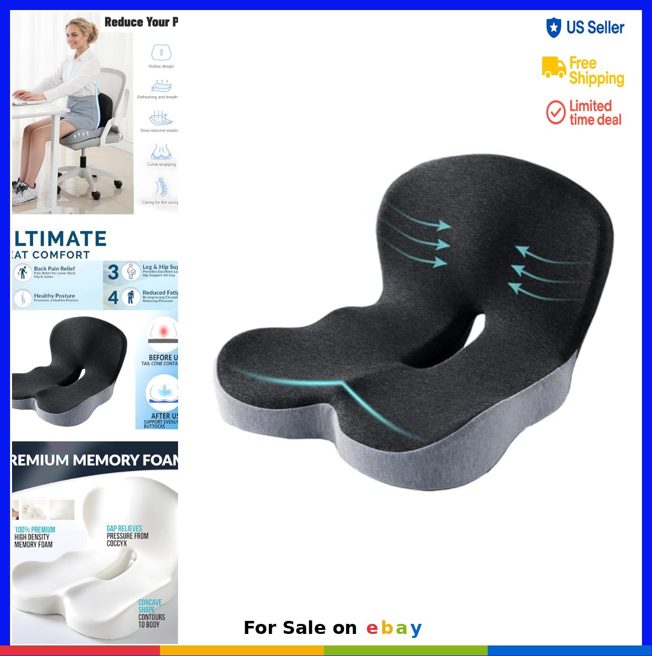 Memory Expander Seat Cushion Memory Foam 16.7 x 18.2 Inch Non Slip Ergonomic Lumbar ...