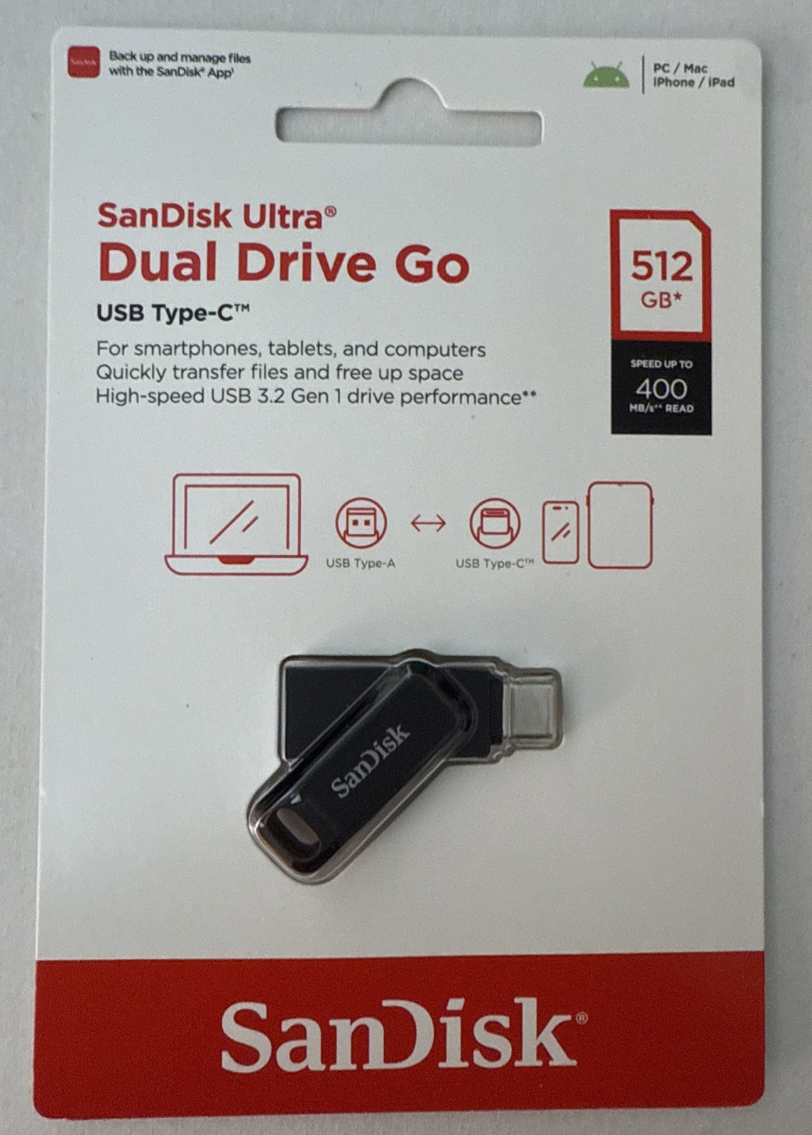 SanDisk Ultra 512GB Dual Drive Go USB Type-C Flash Drive (SDDDC3-512G-AW46) NEW!