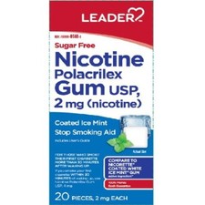 Leader Nicotine 2mg Polacrilex Gum Stop Smoking Aid Ice Mint 20 Count
