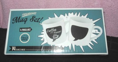 SET OF 2 WHITE BLACK 14 OZ CHALKBOARD MUGS NEW IN BOX GREAT GIFT! NEW IN BOX !