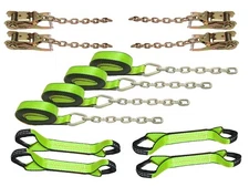 8 Point Tie Down Kit for Roll Back Chain Ends for Car Carrier Tow Truck Green
