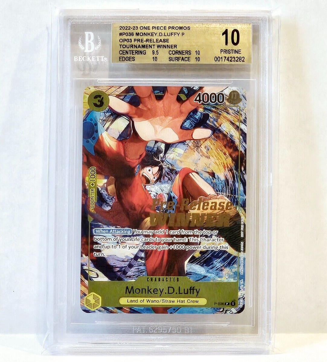 One Piece Monkey.D.Luffy Pre-Release Winner P-036 Promo - BGS 10