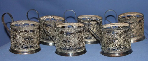Antikes russisches Set 6 versilberte filigrane Getränkehalter