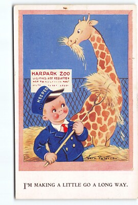 Boy Child Zoo Keeper Feeding Giraffe Making a Little Go Vera Paterson Postcard
