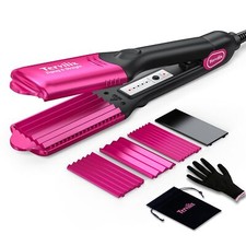 Pink Crimper Hair Iron with 4 Interchangeable Plates Volumizing Crimper