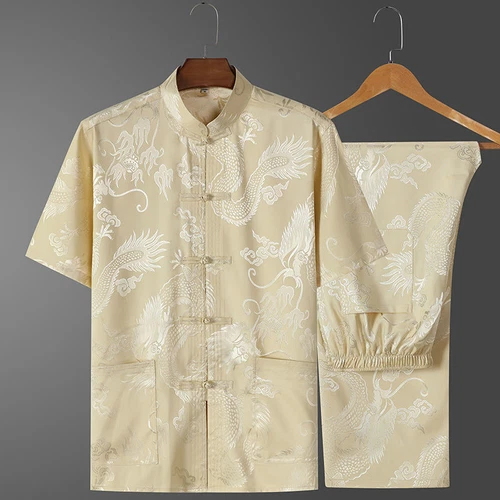 Men's Silk Satin Tang Shirt Tops Dragon Print Short Sleeve Chinese T-shirt Pants - Picture 1 of 16