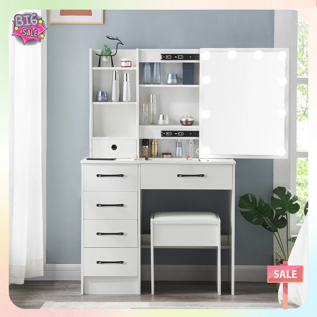 Makeup vanity table with lighted mirror for sale sale