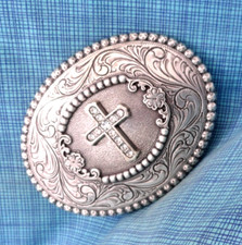 Western Cross Belt Buckle Religious Christian Cowboy Scroll Vtg Nocona  .NOX980