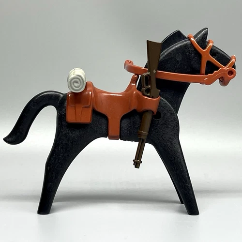 Playmobil US War Calvary Black Horse Saddle Reigns Bedroll Rifle Western Vintage