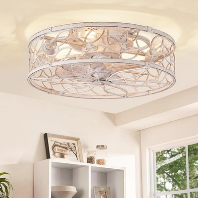 Caged Ceiling Fans with Lights, White Flush Mount Ceiling Fan with Remote&App...