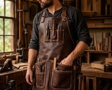 Handmade Genuine Leather Woodworking Apron with Tool Pockets for Carpenters