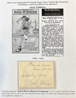 VAUDEVILLE COMEDY THEATER ACTOR BLACK FACE MINSTREL NEIL OBRIEN AUTOGRAPH SIGNED