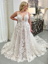 Plus Size Spaghetti V Neck Lace A Line Tulle Bridal Gown Chapel Train Custom
