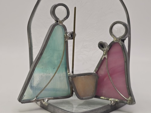 Leaded Stained Art Glass Votive Candle Holder Christmas Nativity Manger 5" Tall - Picture 3 of 7
