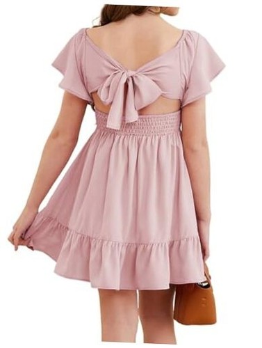 Girls Elegant Ruffle Short Sleeve Back Tie Dresses 6-13 Years Old