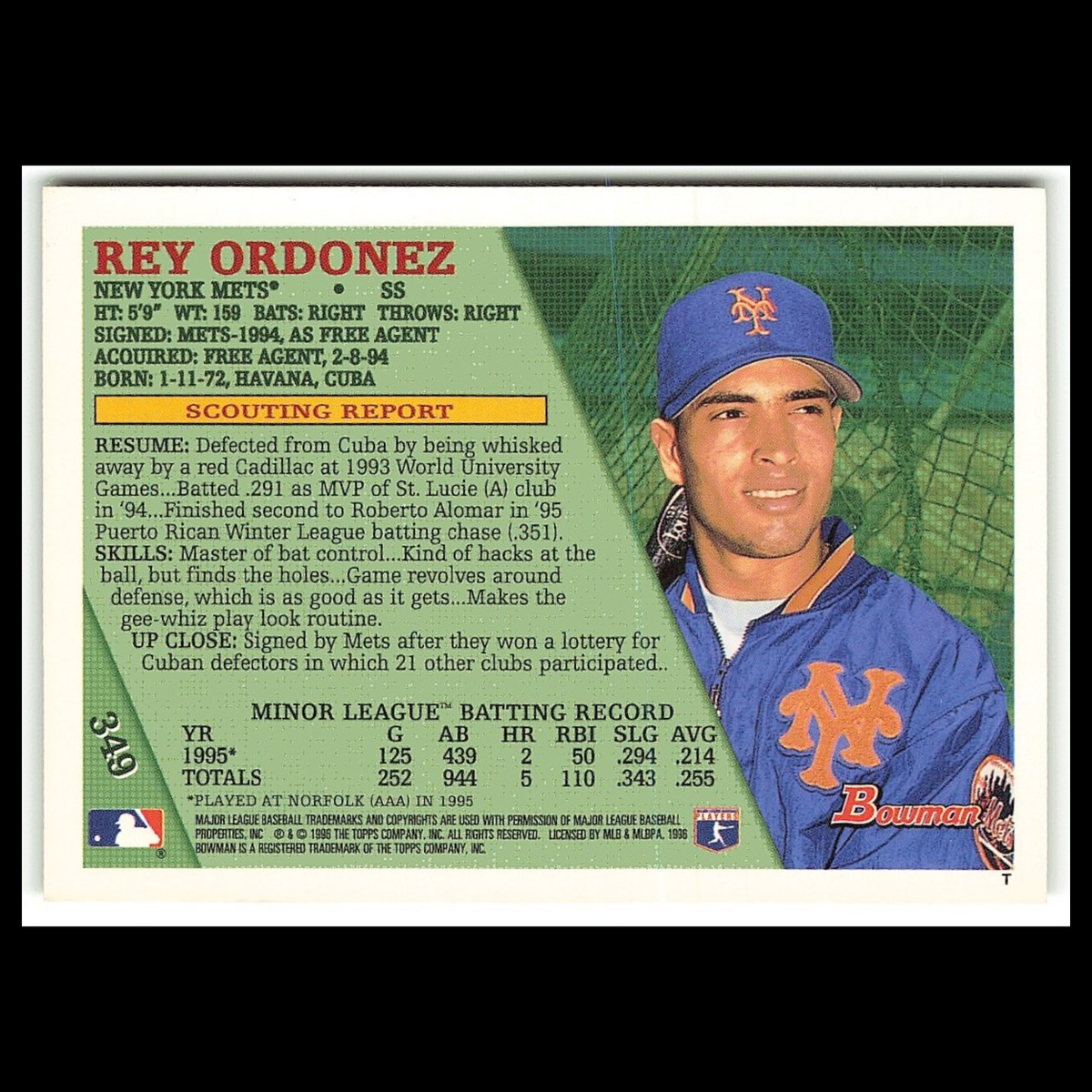 Rey Ordonez Rookie #349 1996 Bowman New York Mets Baseball Card