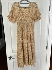 Free People In Full Bloom Midi Floral Dress Yellow Smocked Short Sleeve - Medium