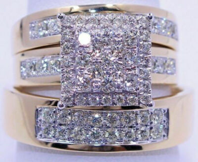 14K Rose Gold Plated Moissanite Cluster Couple Bridal Trio Wedding Ring Band Set