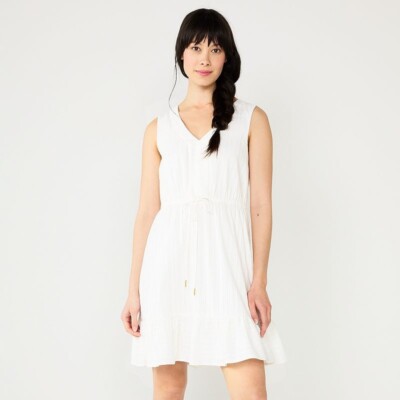 Draper James RSVP Tie Waist Fit and Flare Dress White Small Tiered Sleeveless