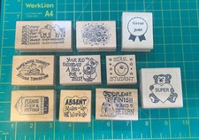 Lot of 10 Teacher Stamps Unbranded Wood Mounted Rubber Stamp Good Job, Homework