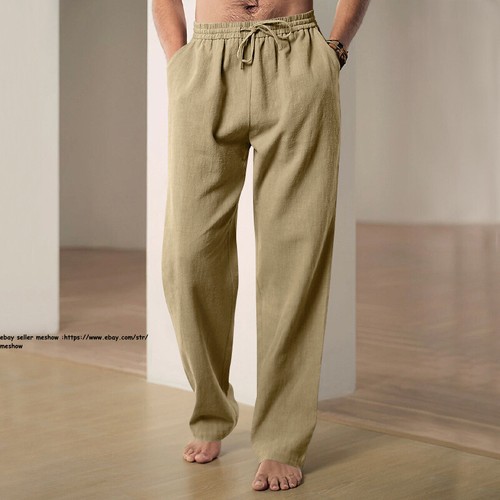 Mens Cotton Linen Loose Trousers Wide Leg Elastic Waist Casual Loose Pants S-3XL - Picture 49 of 55