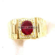 Ruby Oval Cut With 925 Sterling Silver Gold Plated Ring For Men's #B566 *