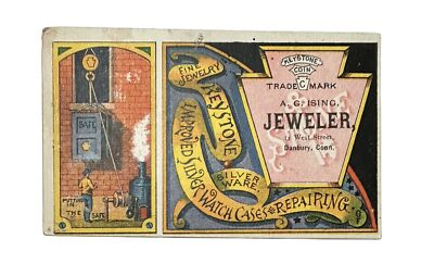 1880s JEWELERS TRADE CARD KEYSTONE POCKET WATCH CASES AG ISING DANBURY CT B47