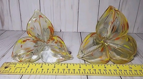 Murano Italy Made Hand Blown Glass Petal Flowers Vintage Lot Of 2, Orange Yellow - Picture 9 of 10