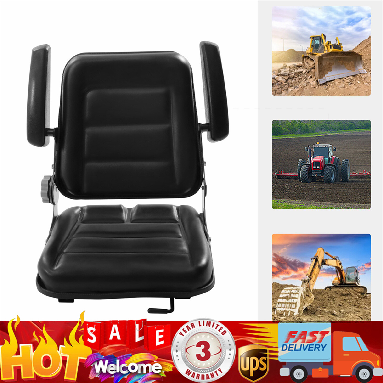 Universal Adjustable Black Seat Backrest for Forklifts, Tractors & Lawn Mowers