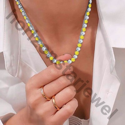 38CT Yellow Sapphire & Diamond 14K White Gold Plated 4mm Tennis Wedding Necklace
